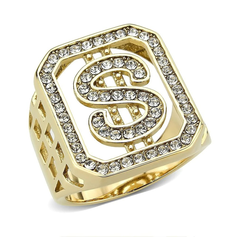 Dollar Sign Crystal Men's Ring in Gold Plated Stainless Steel
